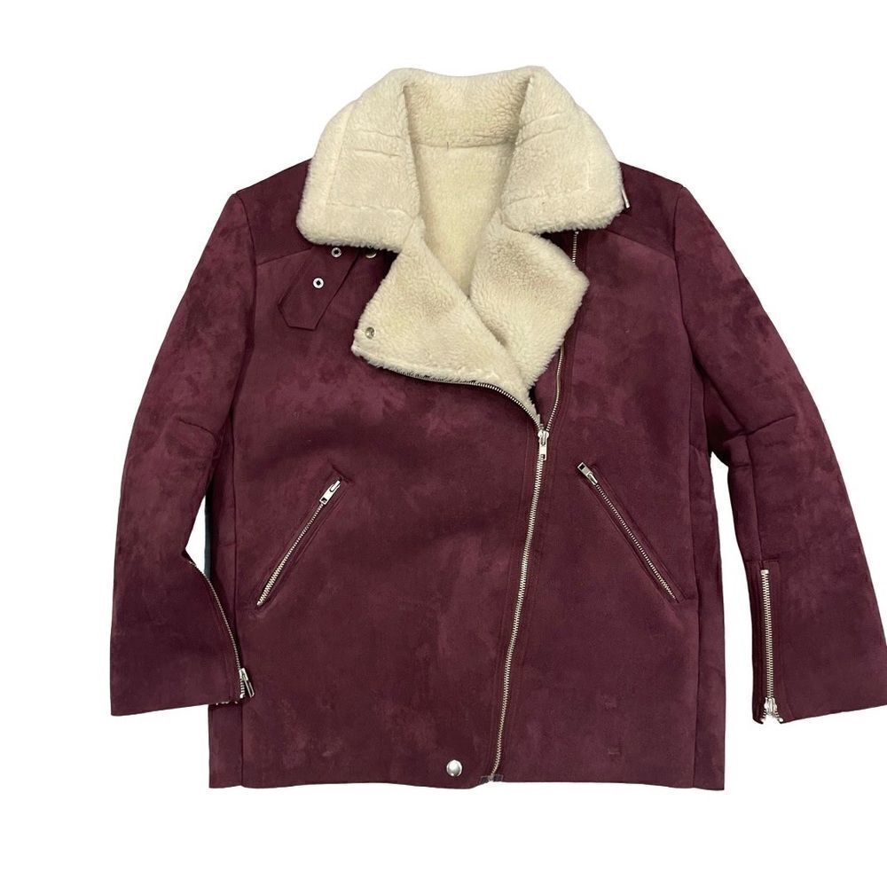Zig Zag Faux Shearling Bomber Jacket Short Biker Zipper Jacket Leather Aviator
